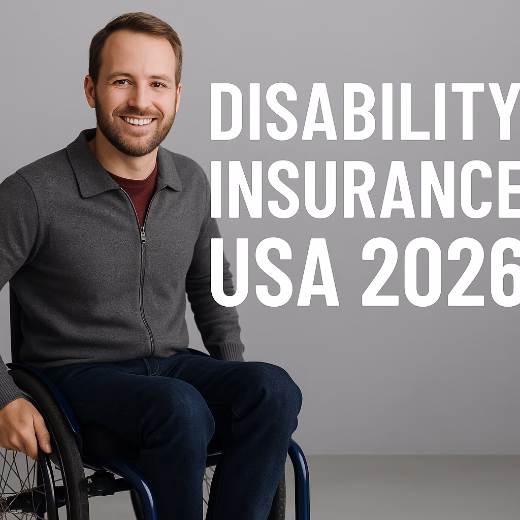 A professional image showing a man in a wheelchair symbolizing disability support in the USA, with bold text overlay reading “Disability Insurance USA 2026: What’s Changing and How to Prepare,” representing future trends and guidance for Americans.