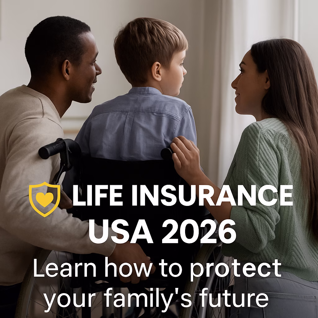 A caring family supporting their child in a wheelchair at home, symbolizing protection and security, with the text “Life Insurance USA 2026 – Learn how to protect your family’s future.